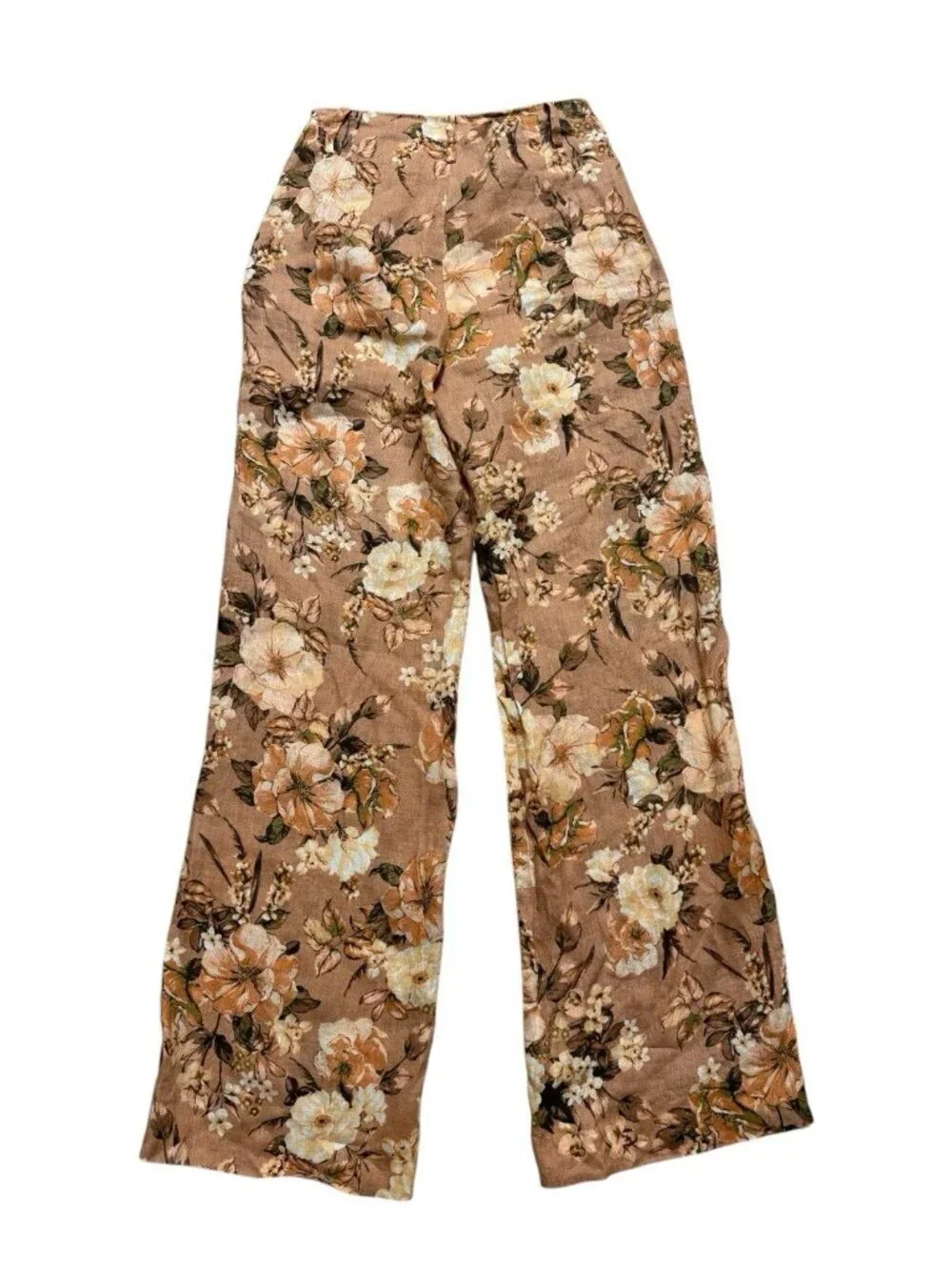 Mango Linen Floral Pants Size 2 Brown Wide Leg High Rise Boho